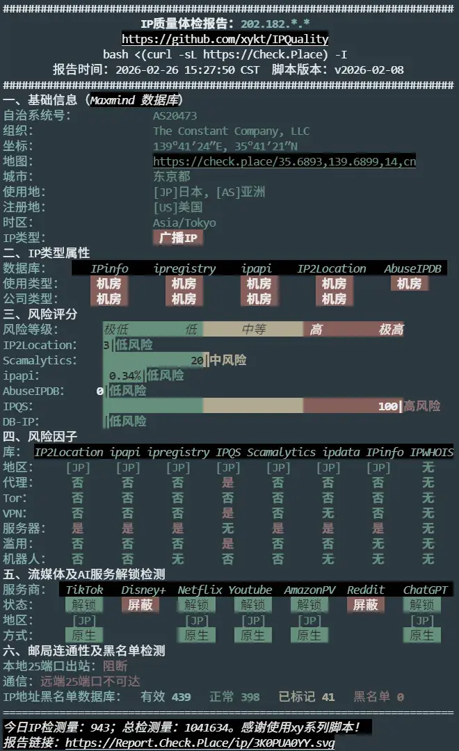 Vultr东京机房 IP 质量检测