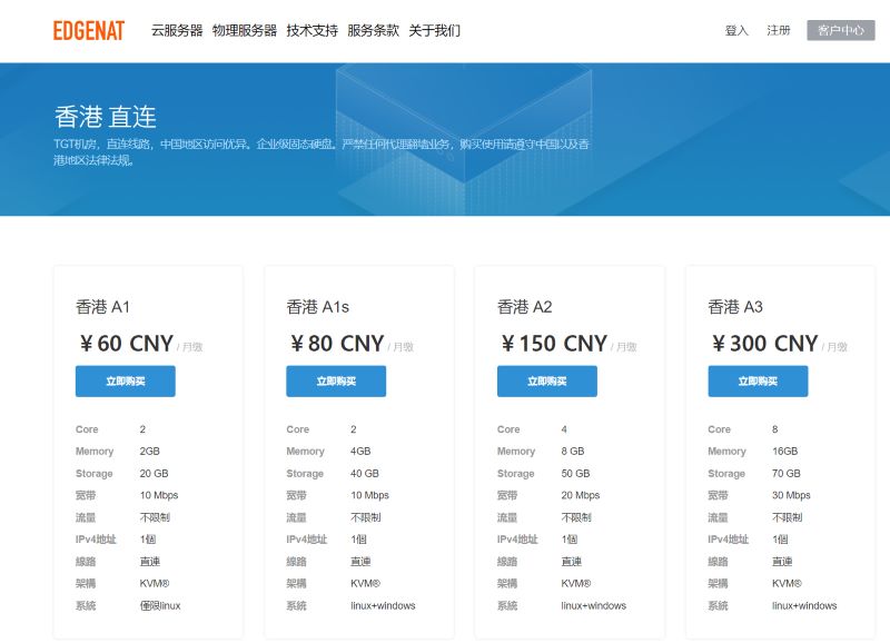 EdgeNAT - 香港不限流量VPS