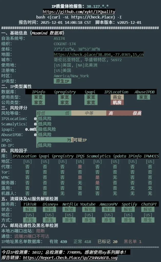 NovixLink 美国双 ISP 住宅 IP 质量检测