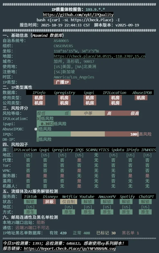 HostDare 洛杉矶 VPS IP 质量检测