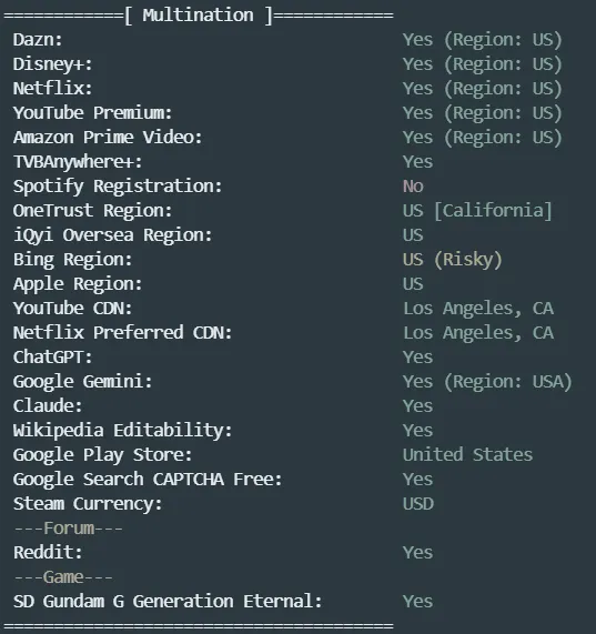 丽萨主机美国 4837 线路 IPv4 解锁检测截图 丽萨主机美国 4837 线路 IPv4 解锁检测截图