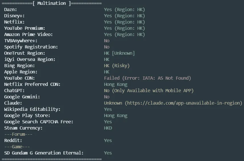 DIYVM 香港 CN2 GIA VPS 的流媒体解锁测试